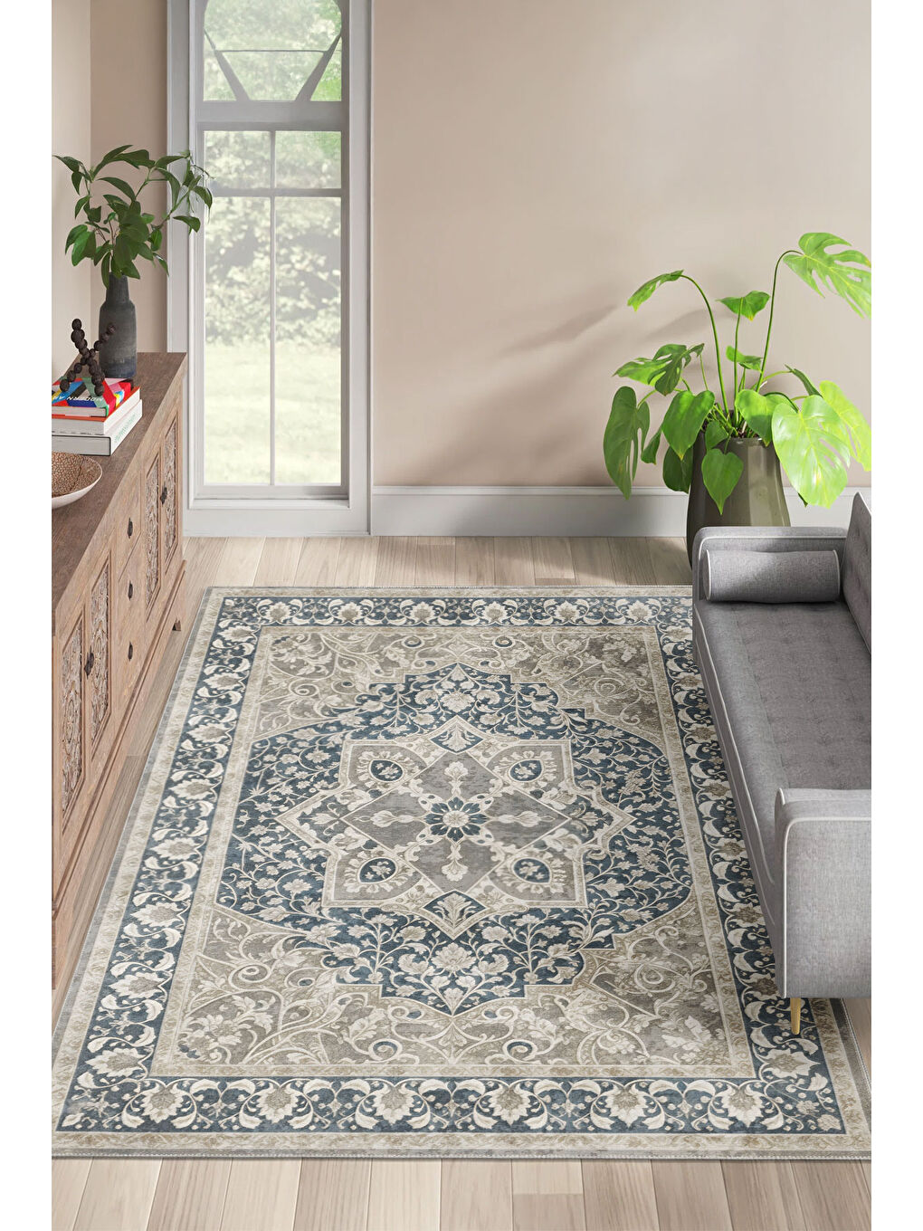 Mavi Dekoratif Özel Tasarım Yıkanabilir İnce Kaymaz Tabanlı Modern Halı KECE FR04-1