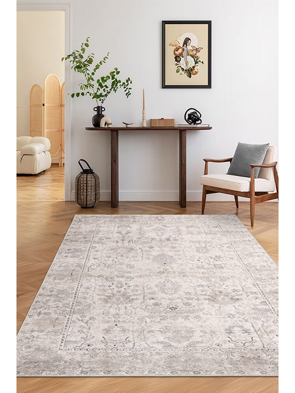 Bej Dekoratif Özel Tasarım Yıkanabilir İnce Kaymaz Tabanlı Modern Halı KECE FR03-2