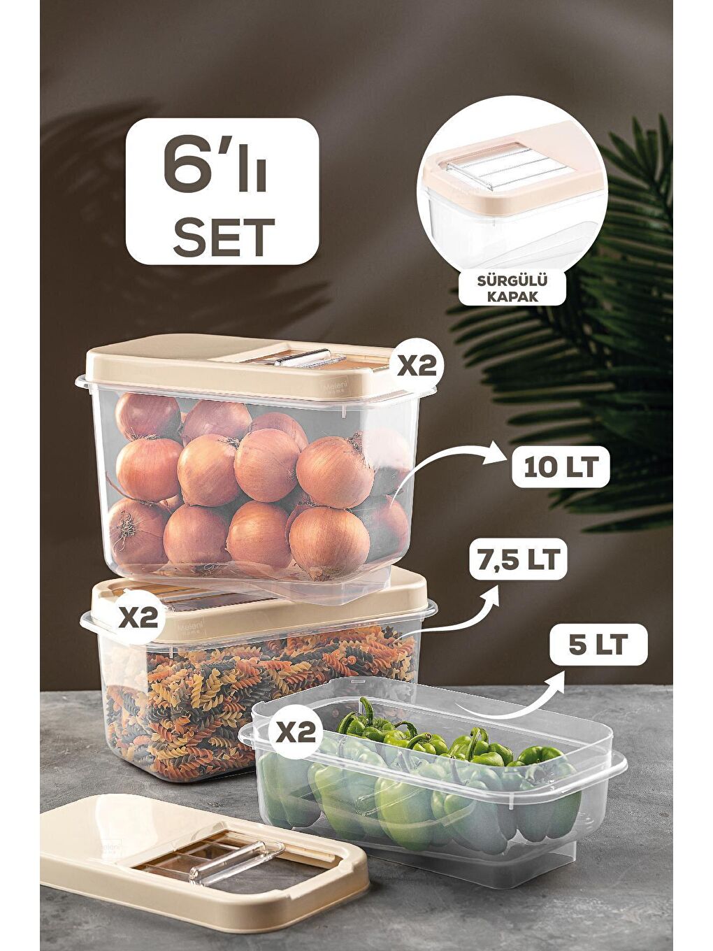 Antrasit 6'lı Bakliyat Saklama Kabı -2x(5 lt-7,5 lt-10 lt)