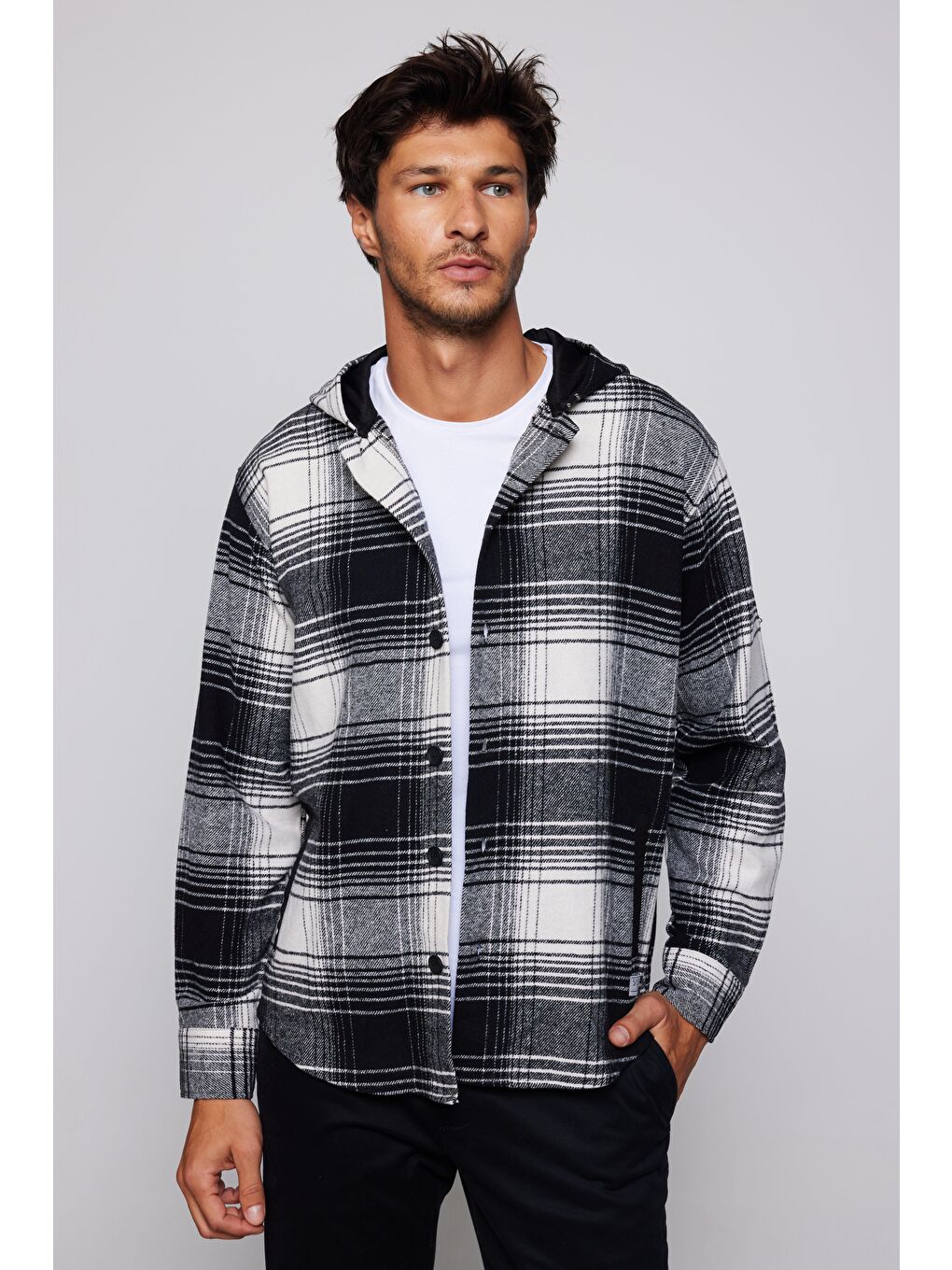 Karışık Relax Fit Kapüşonlu Ekose Fleto Cep Oduncu Erkek Gömlek-1