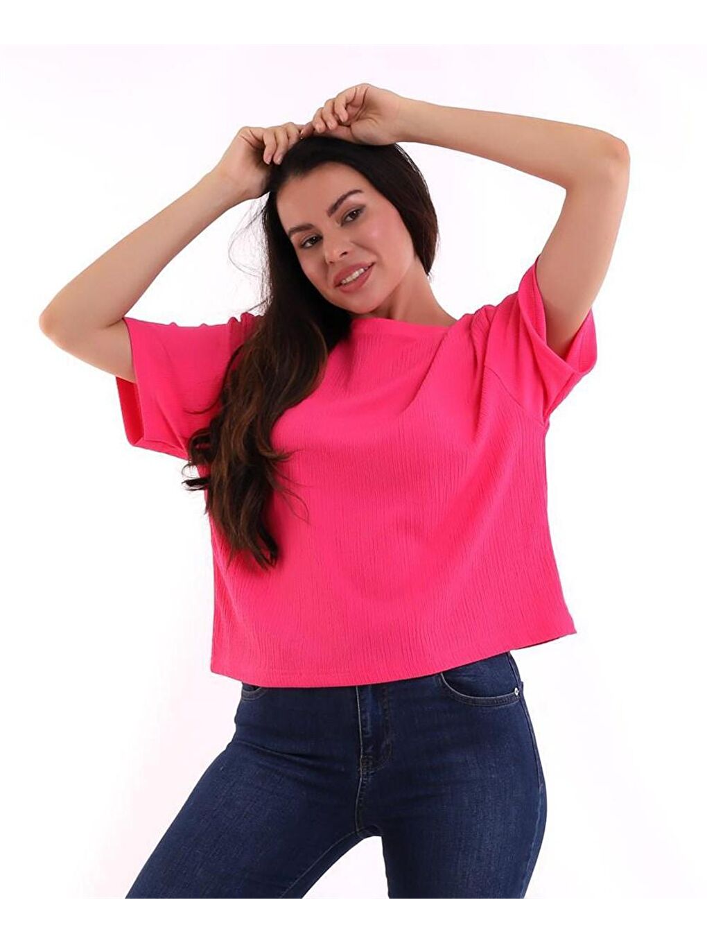 Fuşya Oversize Bürümcük Kumaş Kadın Tişört