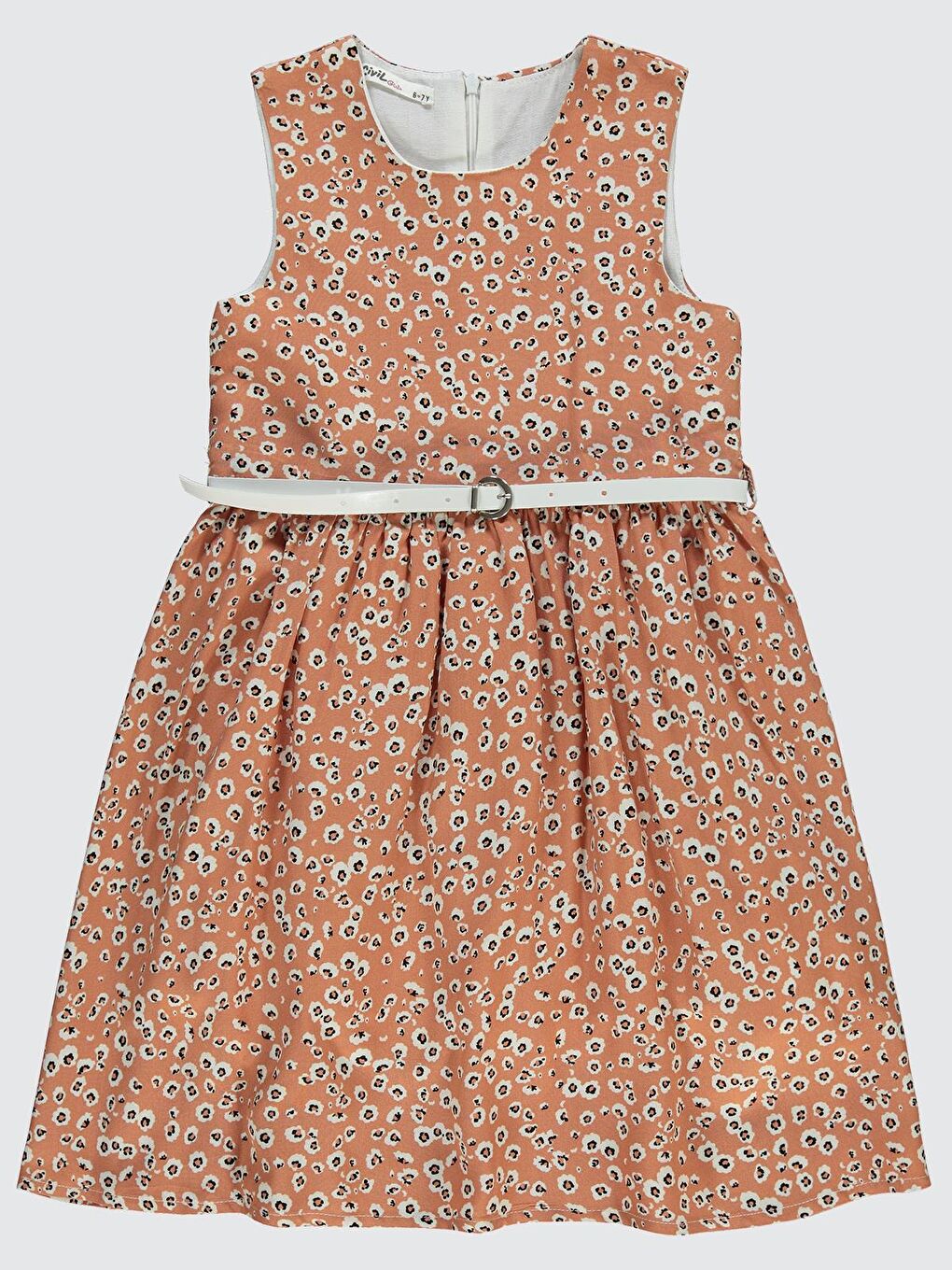 Kahverengi Girls Leopar Desenli 6-9 Yaş Elbise - Beyaz 8-9 Yaş