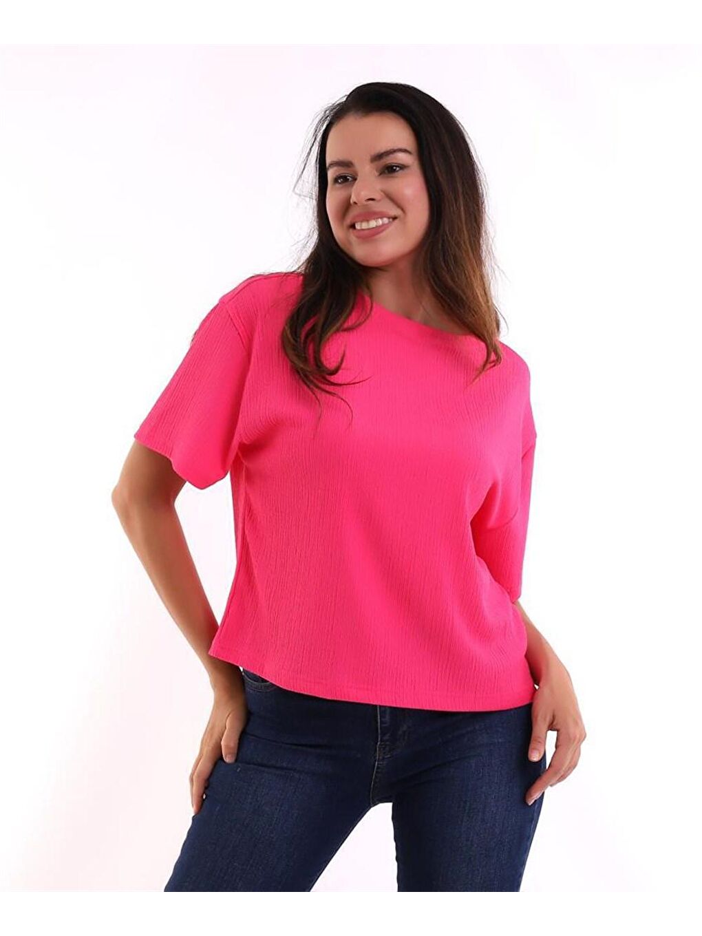 Fuşya Oversize Bürümcük Kumaş Kadın Tişört-1