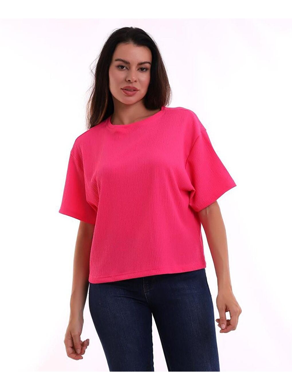 Fuşya Oversize Bürümcük Kumaş Kadın Tişört-2