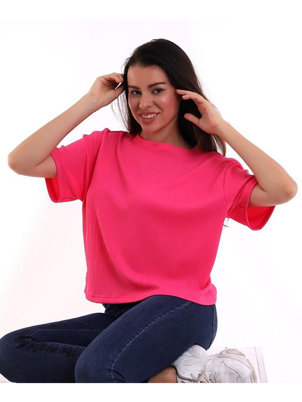 Fuşya Oversize Bürümcük Kumaş Kadın Tişört-3