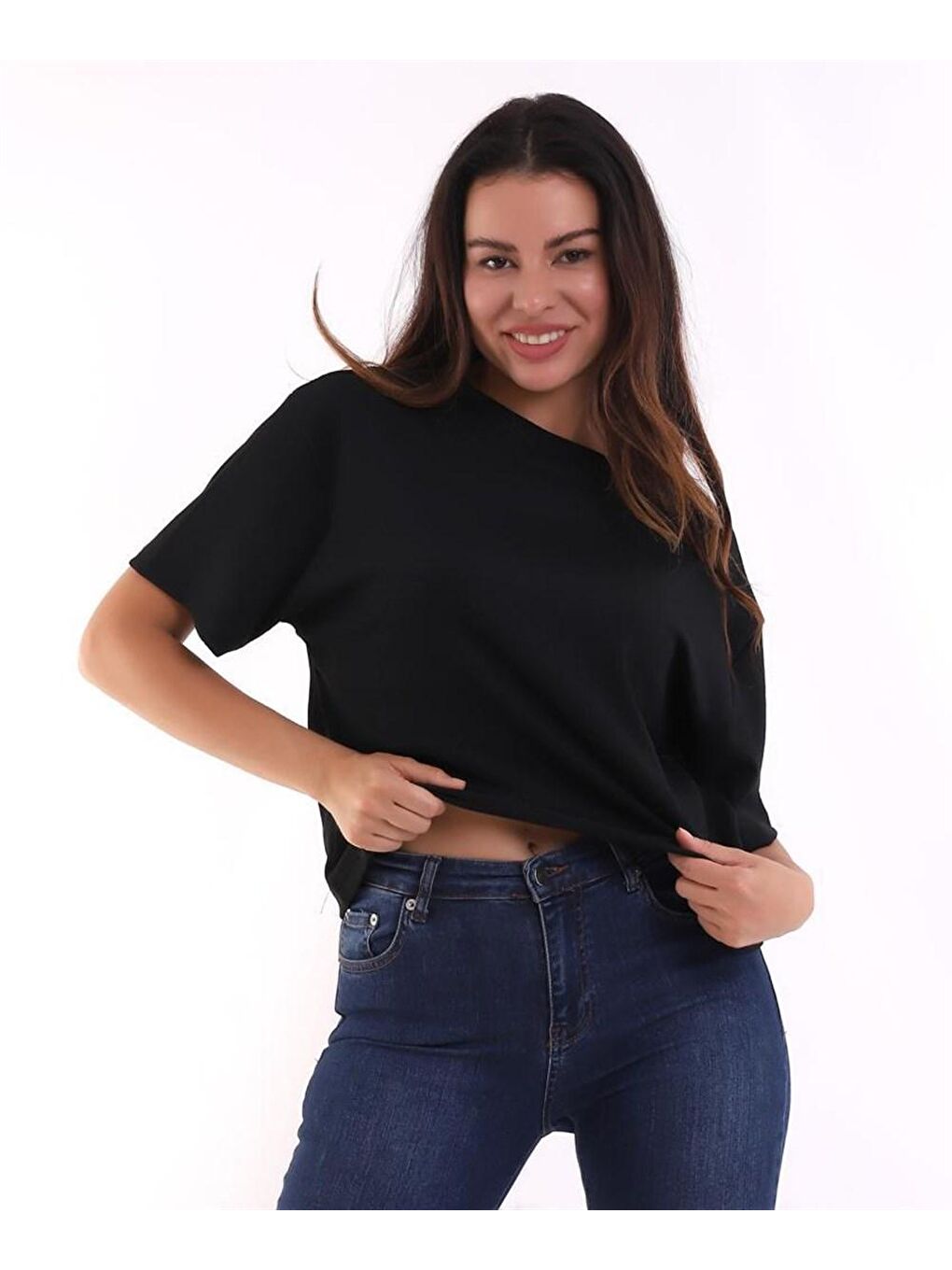 Siyah Oversize Bürümcük Kumaş Kadın Tişört