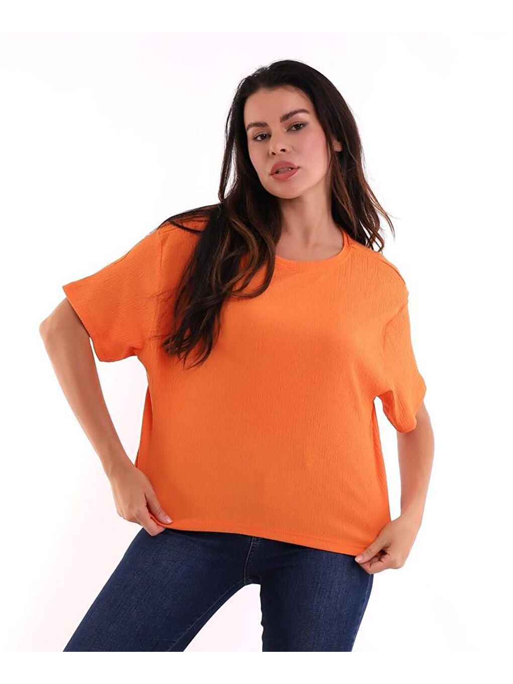 Turuncu Oversize Bürümcük Kumaş Kadın Tişört