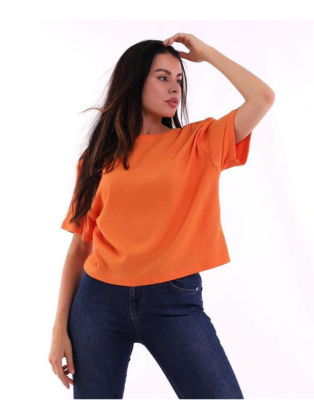 Turuncu Oversize Bürümcük Kumaş Kadın Tişört-1