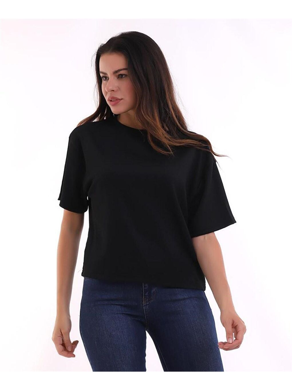 Siyah Oversize Bürümcük Kumaş Kadın Tişört-2