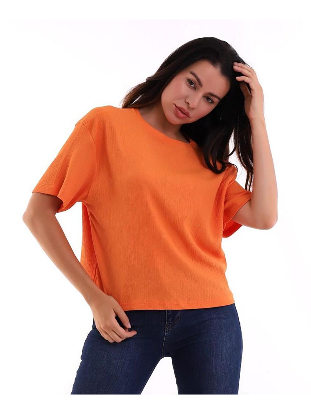 Turuncu Oversize Bürümcük Kumaş Kadın Tişört-2