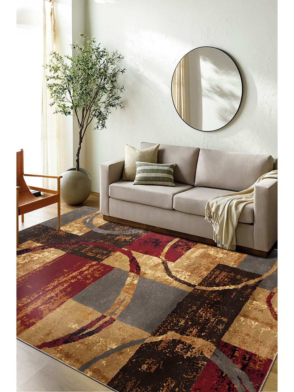 Bej Dekoratif Özel Tasarım Yıkanabilir İnce Kaymaz Tabanlı Modern Halı KECE FR02-2