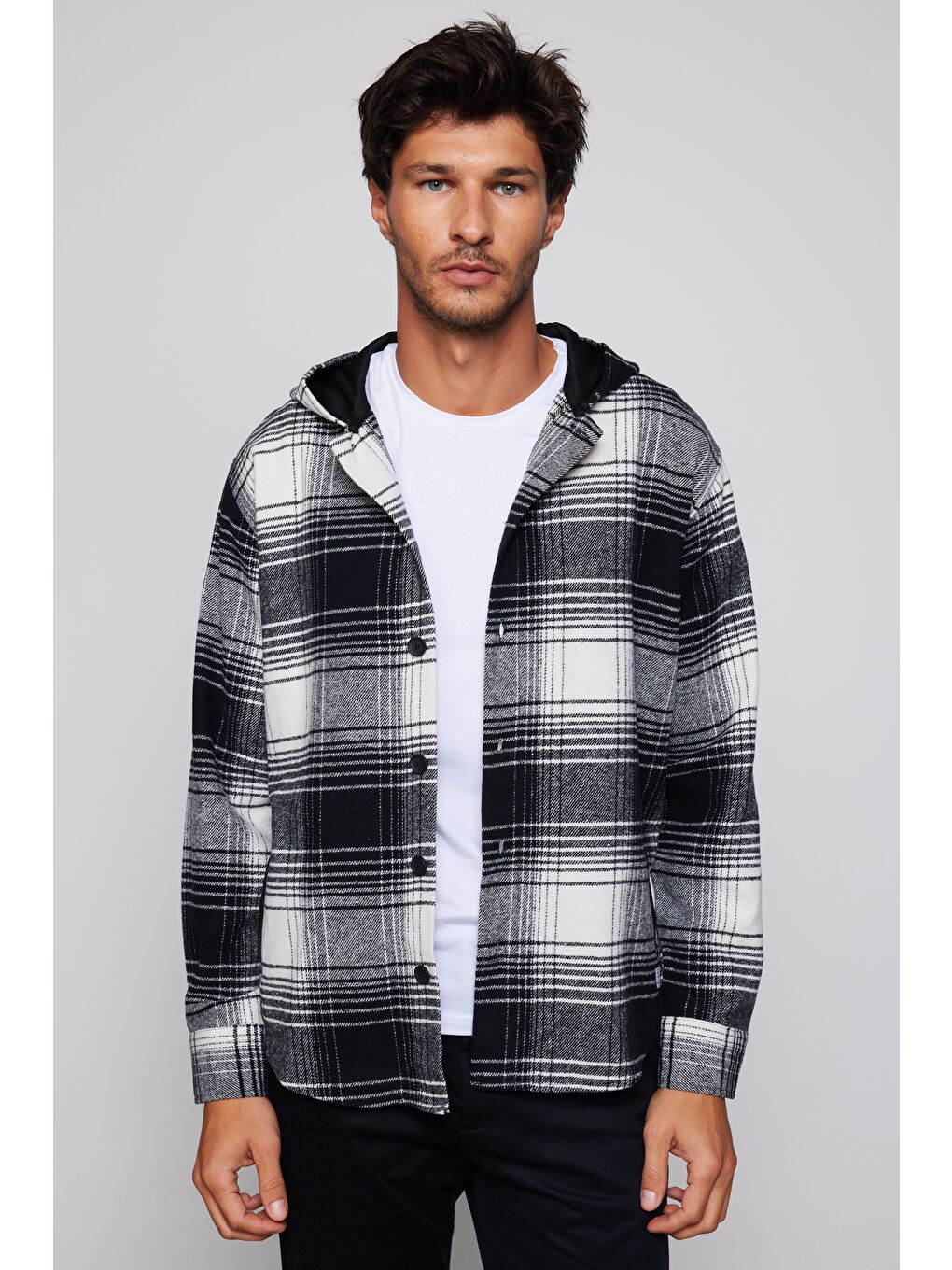 Karışık Relax Fit Kapüşonlu Ekose Fleto Cep Oduncu Erkek Gömlek-2