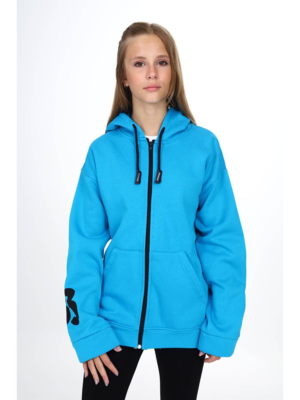 Mavi Sırtı Baskılı Şardonlu Fermuarlı Kapüşonlu Kız Hırka 16435