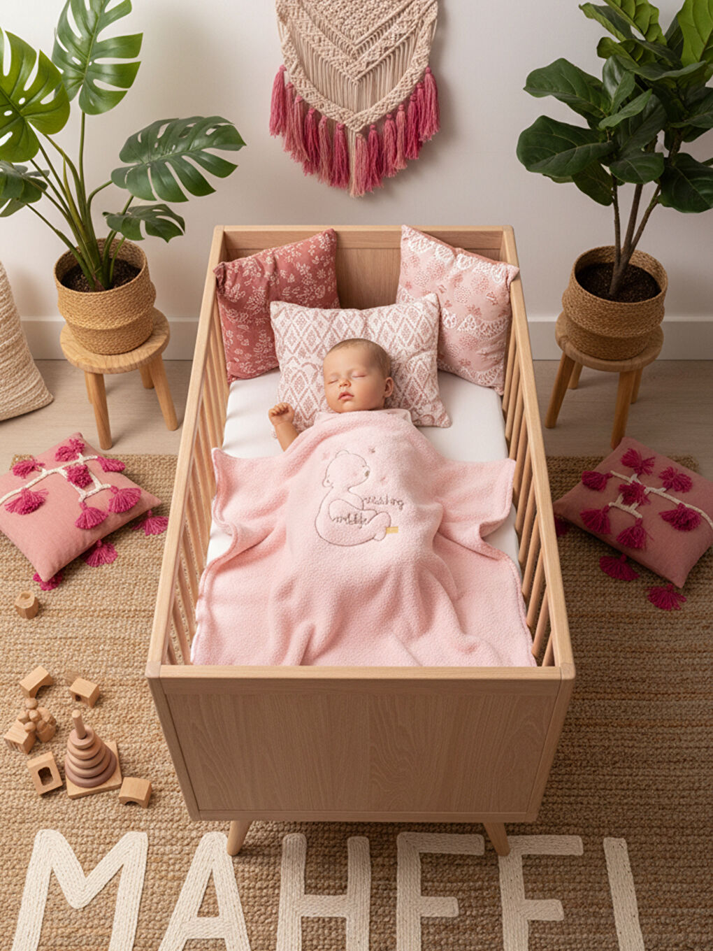 Pembe Welsoft Çift Katlı Oturan Ayı Nakışlı Bebek Battaniyesi-4