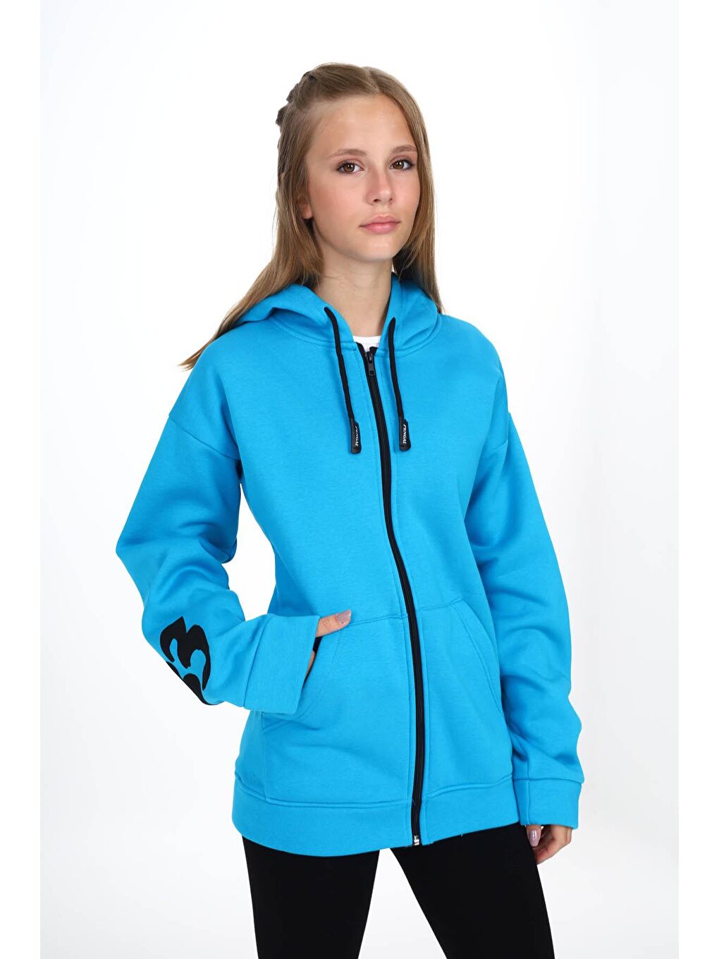 Mavi Sırtı Baskılı Şardonlu Fermuarlı Kapüşonlu Kız Hırka 16435-1