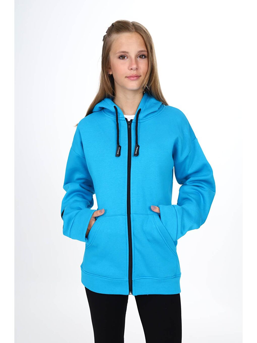 Mavi Sırtı Baskılı Şardonlu Fermuarlı Kapüşonlu Kız Hırka 16435-2