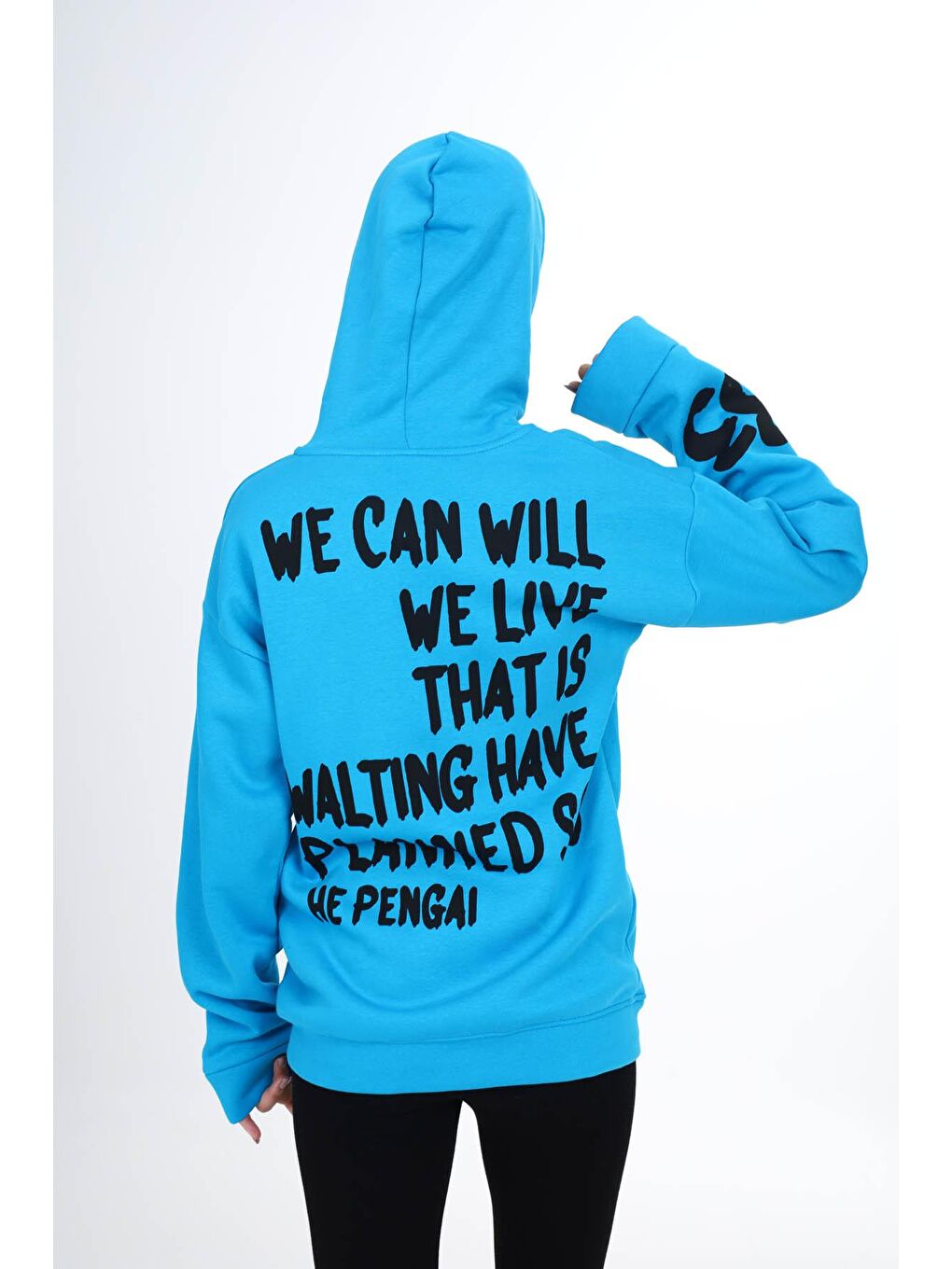 Mavi Sırtı Baskılı Şardonlu Fermuarlı Kapüşonlu Kız Hırka 16435-3