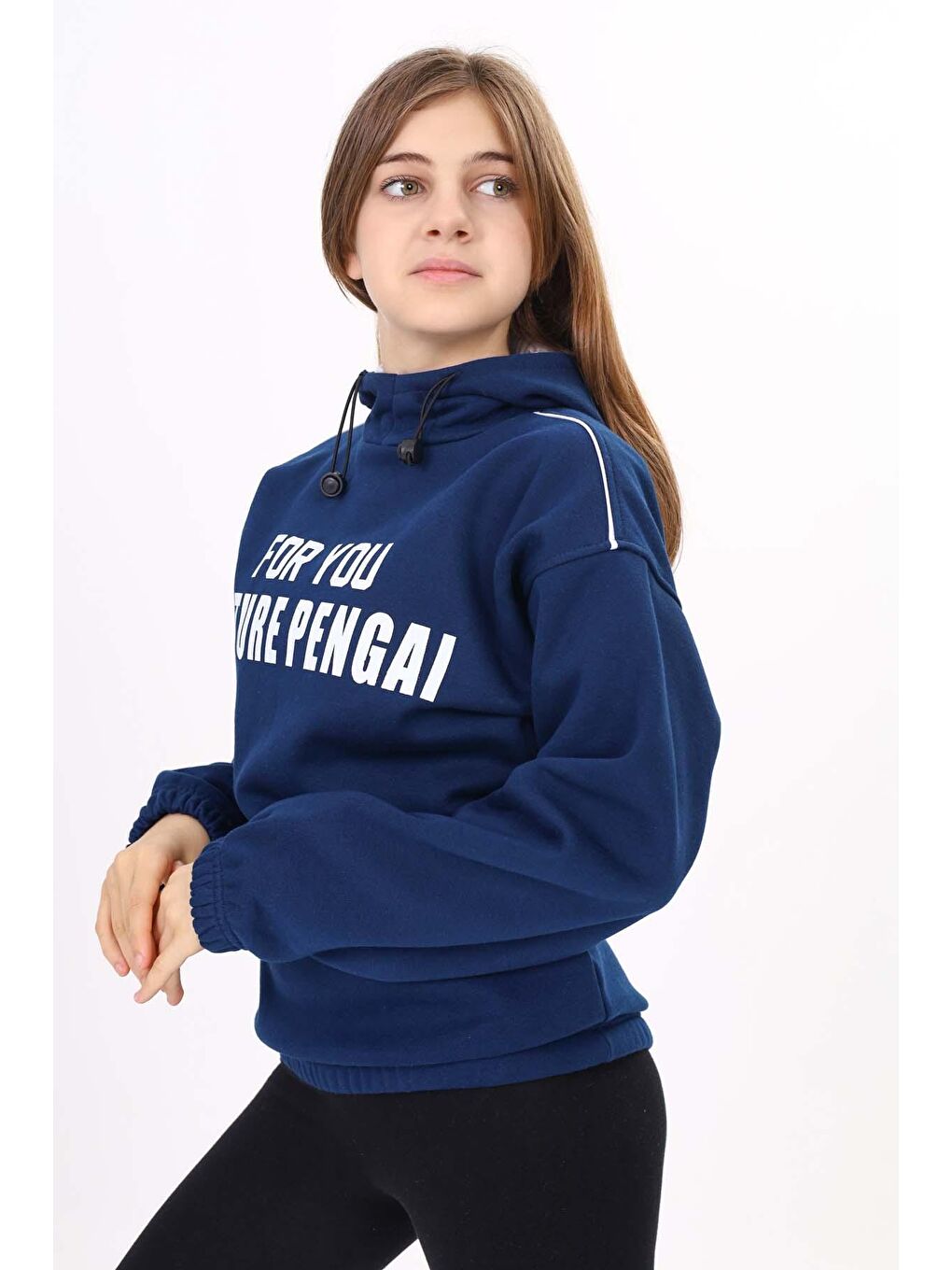 Lacivert Yazı Baskılı Polarlı Kız Çocuk Kapşonlu Sweatshirt 16640-1