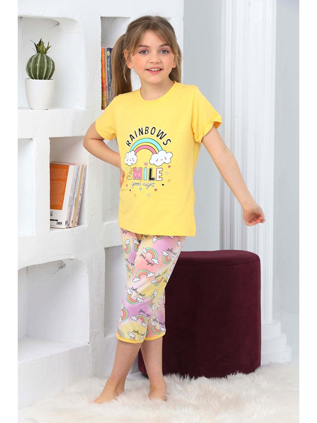 Kapi Kids Sarı Kız Çocuk Kaprili-Gökkuşağı Baskılı Pijama Takımı 3-11 Yaş 6100-01 - 1