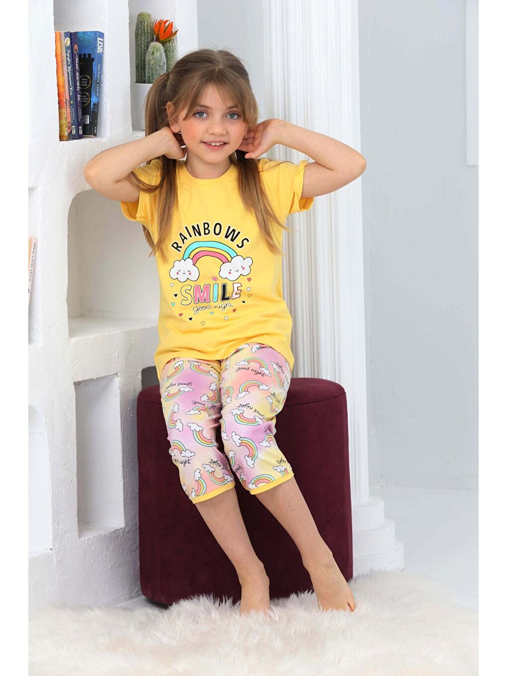 Kapi Kids Sarı Kız Çocuk Kaprili-Gökkuşağı Baskılı Pijama Takımı 3-11 Yaş 6100-01 - 2