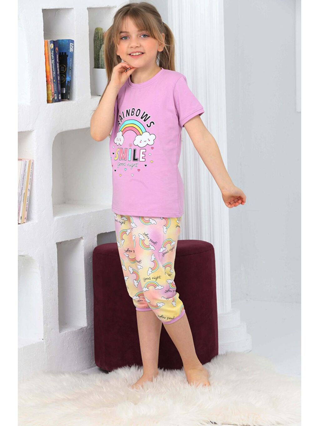 Kapi Kids Lila Kız Çocuk Kaprili-Gökkuşağı Baskılı Pijama Takımı 3-11 Yaş 6100-01