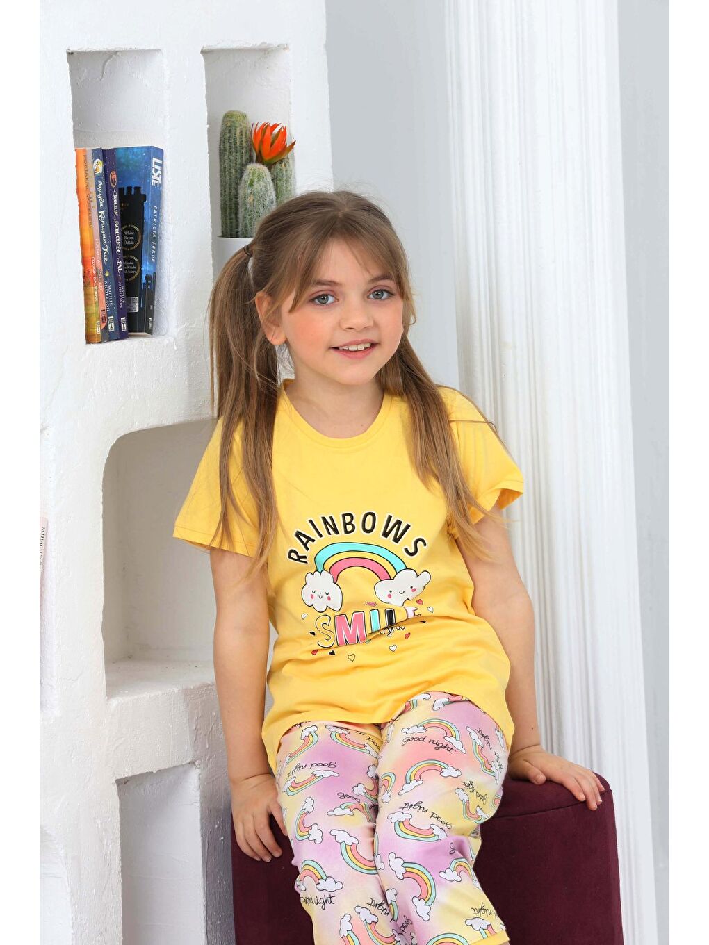 Kapi Kids Sarı Kız Çocuk Kaprili-Gökkuşağı Baskılı Pijama Takımı 3-11 Yaş 6100-01 - 3