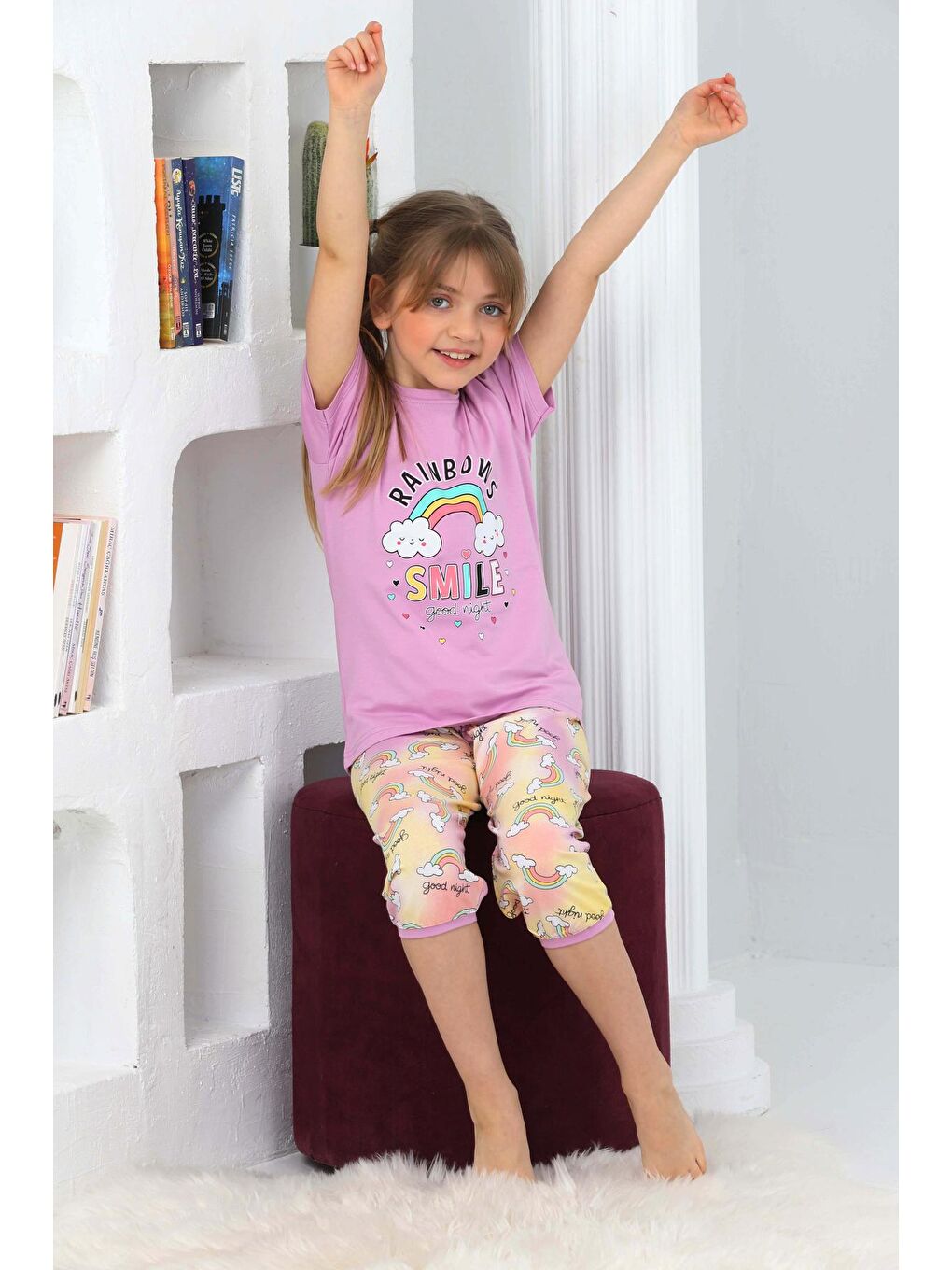 Kapi Kids Lila Kız Çocuk Kaprili-Gökkuşağı Baskılı Pijama Takımı 3-11 Yaş 6100-01 - 1