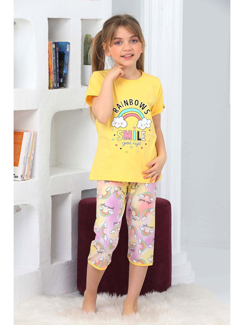 Kapi Kids Sarı Kız Çocuk Kaprili-Gökkuşağı Baskılı Pijama Takımı 3-11 Yaş 6100-01 - 4