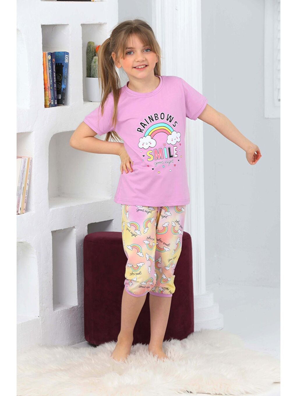 Kapi Kids Lila Kız Çocuk Kaprili-Gökkuşağı Baskılı Pijama Takımı 3-11 Yaş 6100-01 - 2