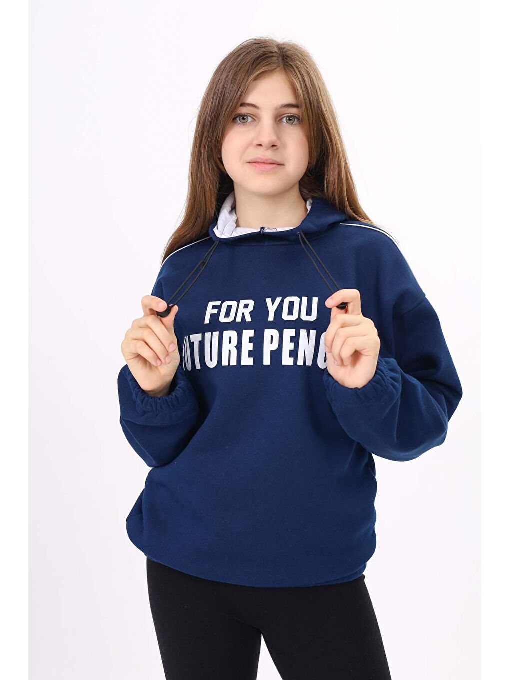 Lacivert Yazı Baskılı Polarlı Kız Çocuk Kapşonlu Sweatshirt 16640-3