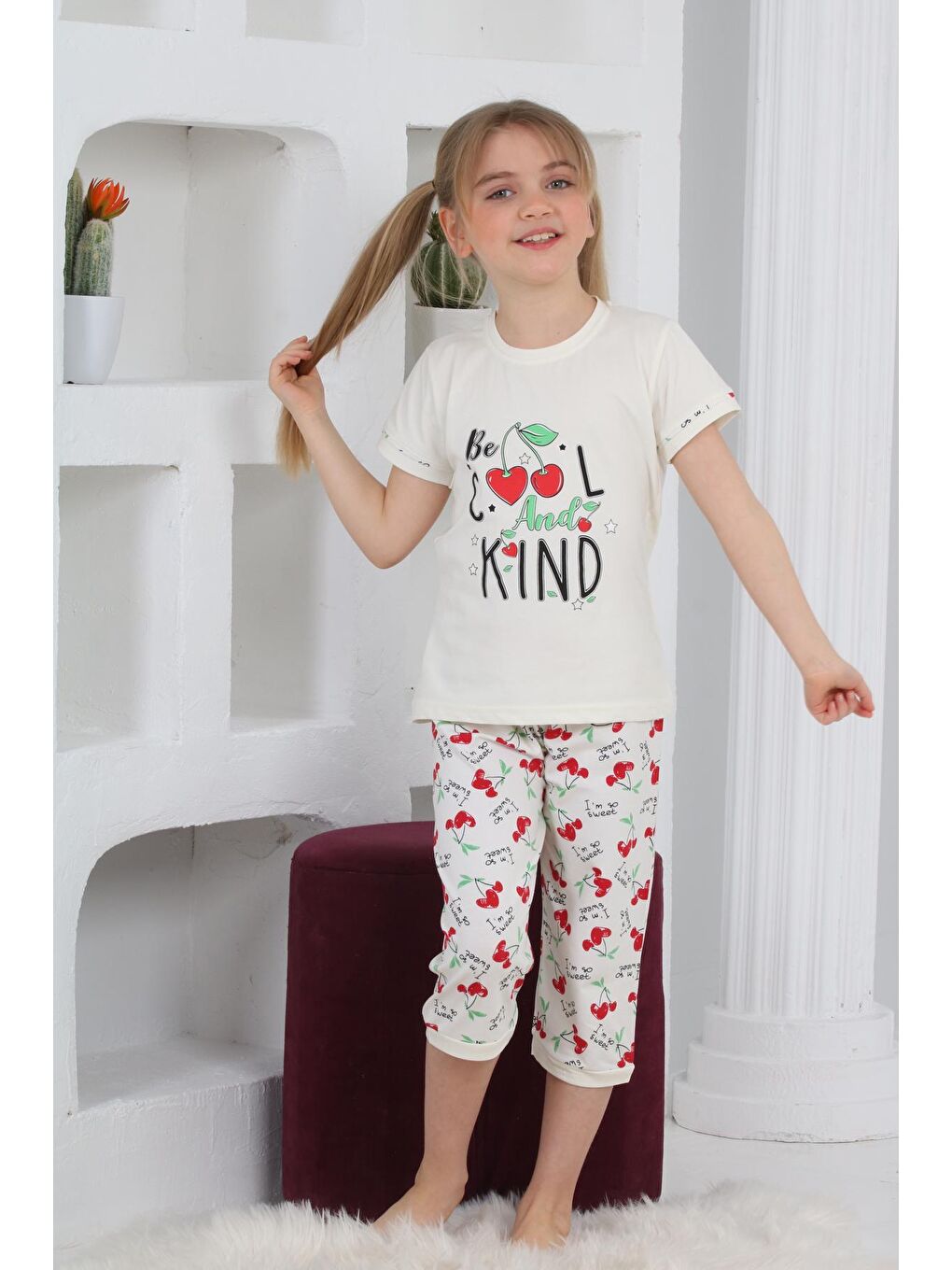 Kapi Kids Ekru Kız Çocuk Kaprili-Kiraz Baskılı Pijama Takımı 3-11 Yaş 6067-68 - 1