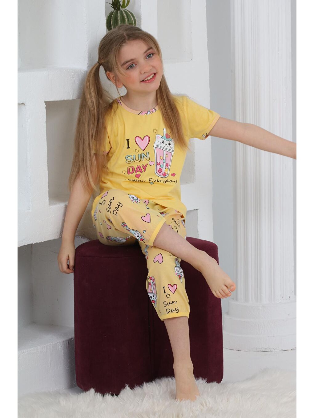 Kapi Kids Sarı Kız Çocuk Kaprili-Baskılı Pijama Takımı 3-11 Yaş 6083-84