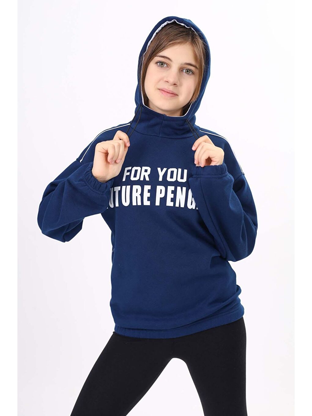 Lacivert Yazı Baskılı Polarlı Kız Çocuk Kapşonlu Sweatshirt 16640-4