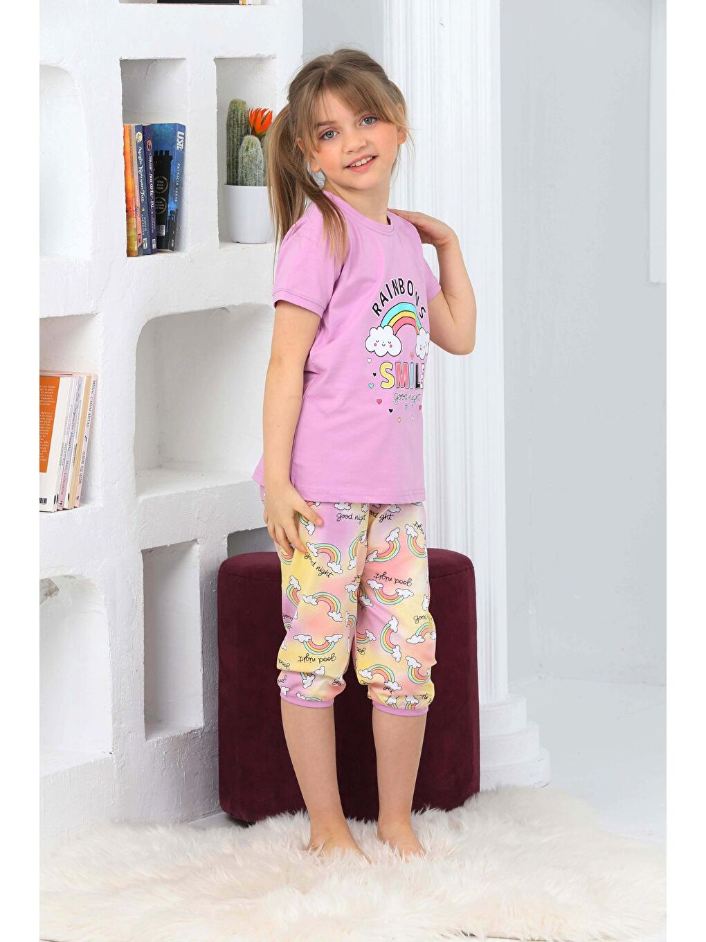 Kapi Kids Lila Kız Çocuk Kaprili-Gökkuşağı Baskılı Pijama Takımı 3-11 Yaş 6100-01 - 4