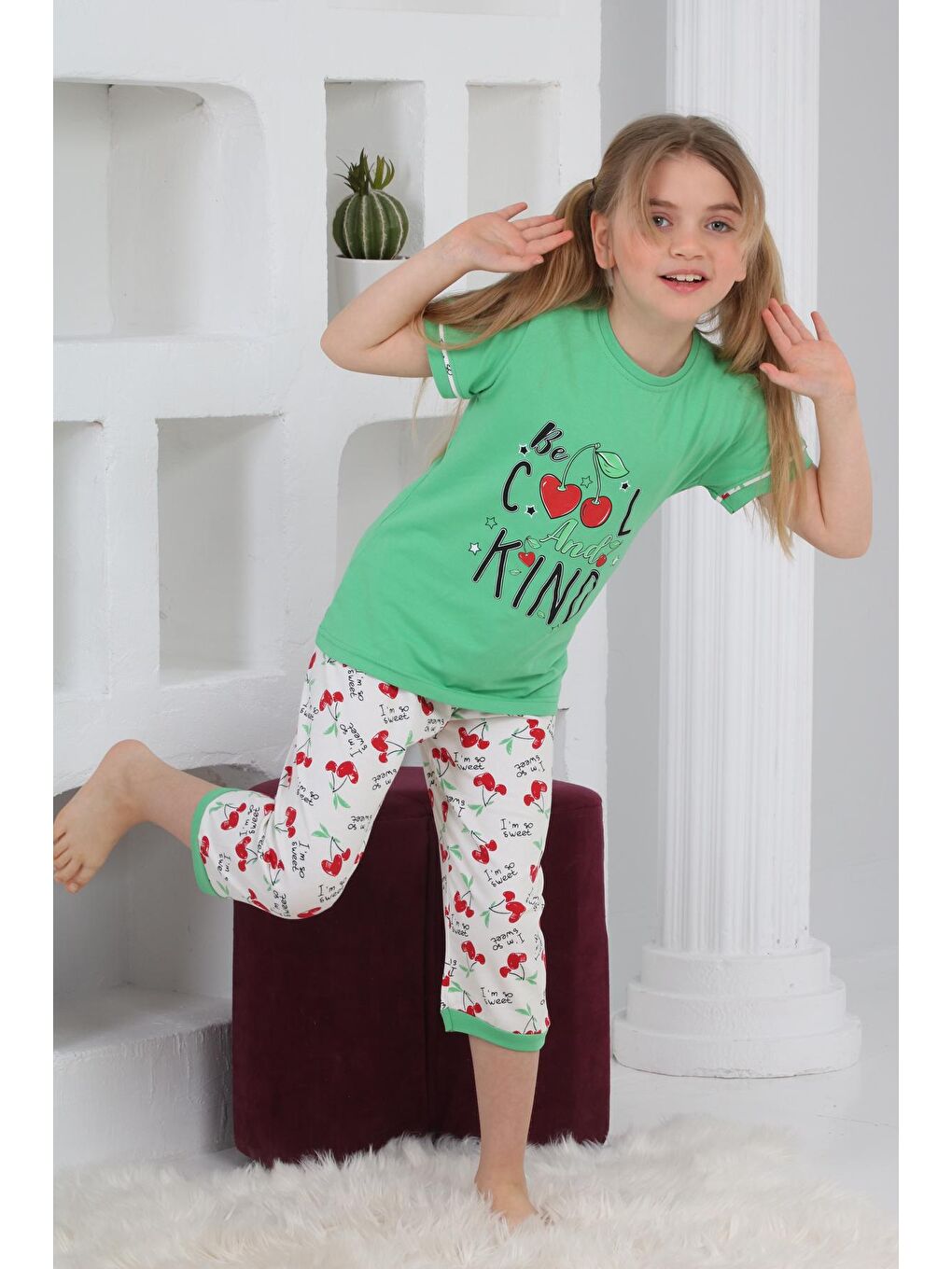 Kapi Kids Fıstık Yeşili Kız Çocuk Kaprili-Kiraz Baskılı Pijama Takımı 3-11 Yaş 6067-68 - 1