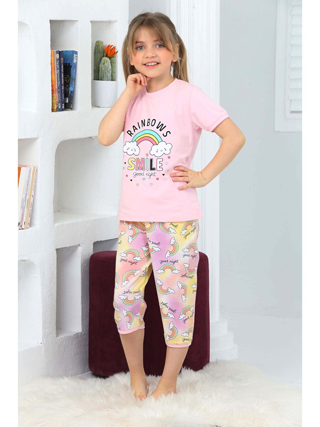 Kapi Kids Pembe Kız Çocuk Kaprili-Gökkuşağı Baskılı Pijama Takımı 3-11 Yaş 6100-01