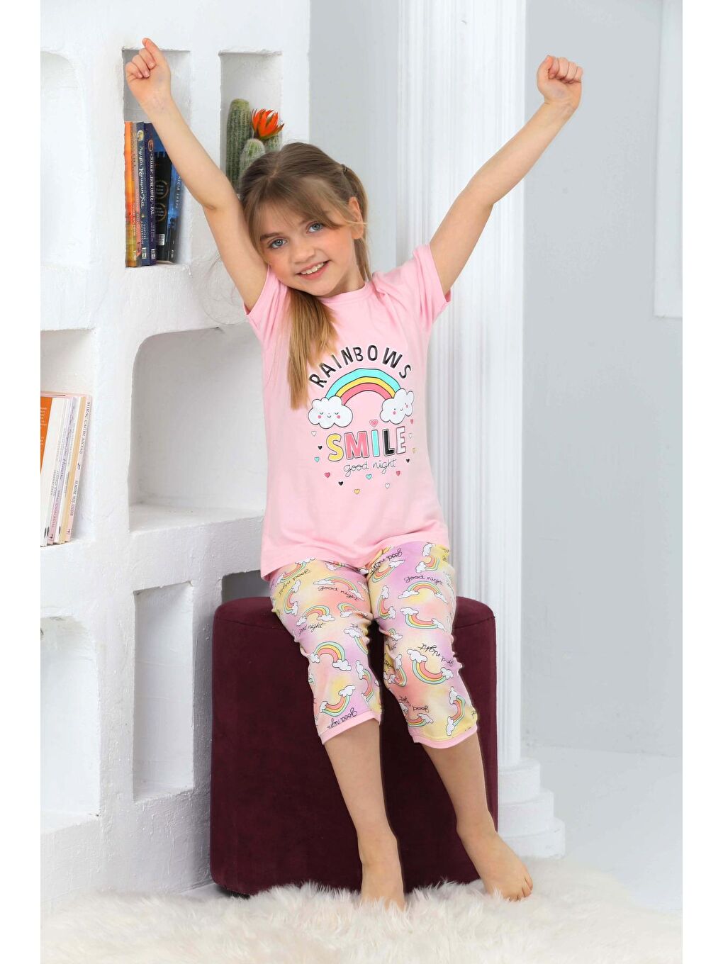 Kapi Kids Pembe Kız Çocuk Kaprili-Gökkuşağı Baskılı Pijama Takımı 3-11 Yaş 6100-01 - 2