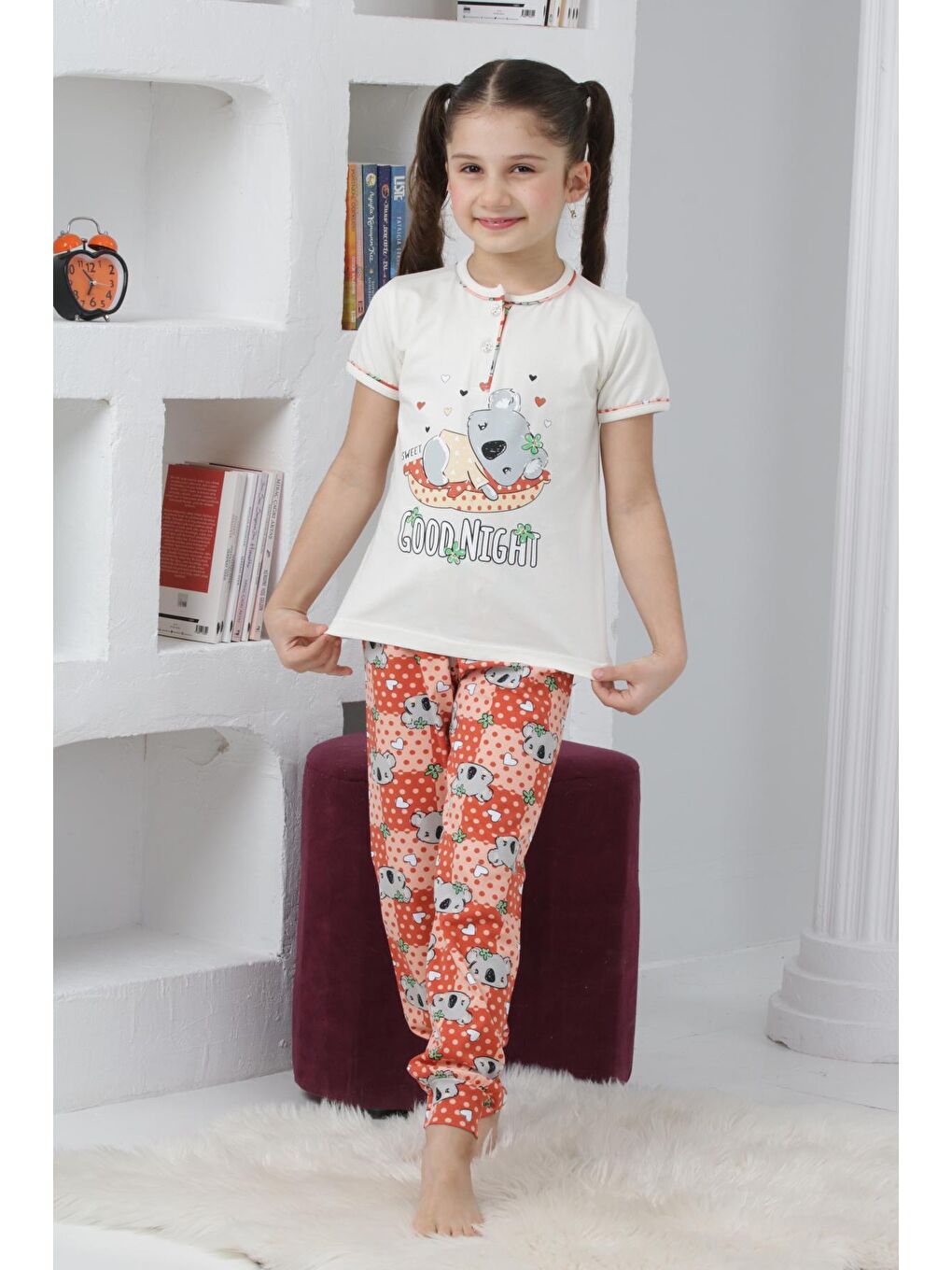 Kapi Kids Ekru Kız Çocuk Ayıcık Baskılı - 2 Düğmeli Pijama Takımı 7-11 Yaş 6065