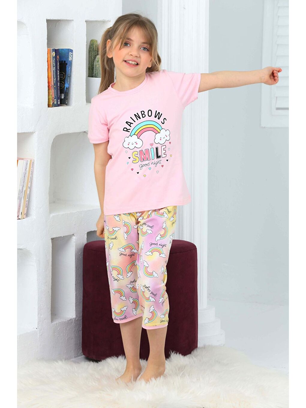 Kapi Kids Pembe Kız Çocuk Kaprili-Gökkuşağı Baskılı Pijama Takımı 3-11 Yaş 6100-01 - 3