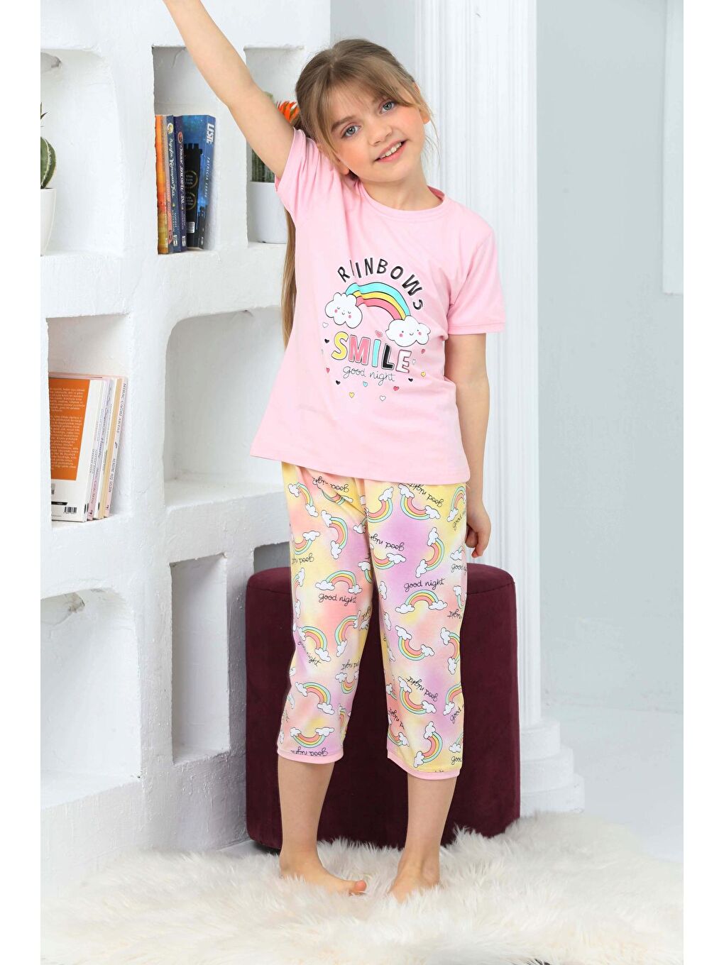 Kapi Kids Pembe Kız Çocuk Kaprili-Gökkuşağı Baskılı Pijama Takımı 3-11 Yaş 6100-01 - 4