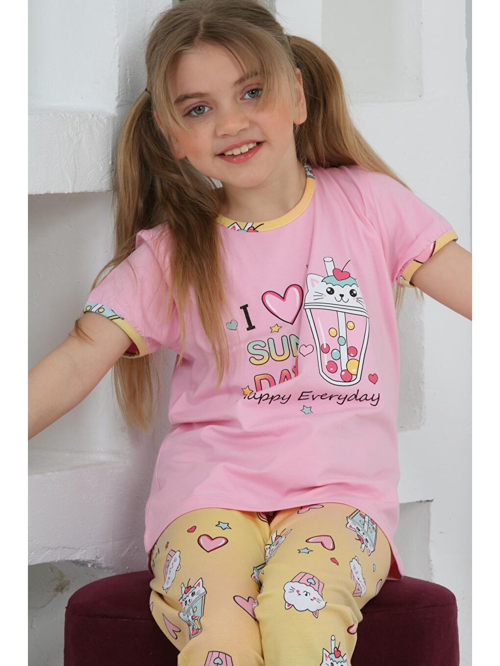 Kapi Kids Pembe Kız Çocuk Kaprili-Baskılı Pijama Takımı 3-11 Yaş 6083-84 - 1