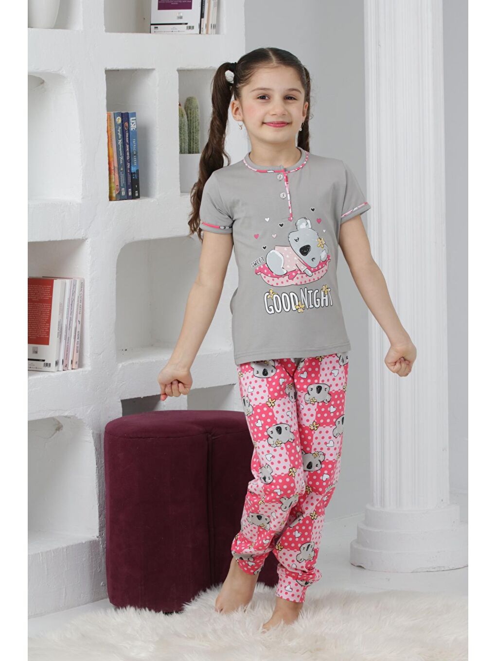 Kapi Kids Gri Kız Çocuk Ayıcık Baskılı - 2 Düğmeli Pijama Takımı 7-11 Yaş 6065