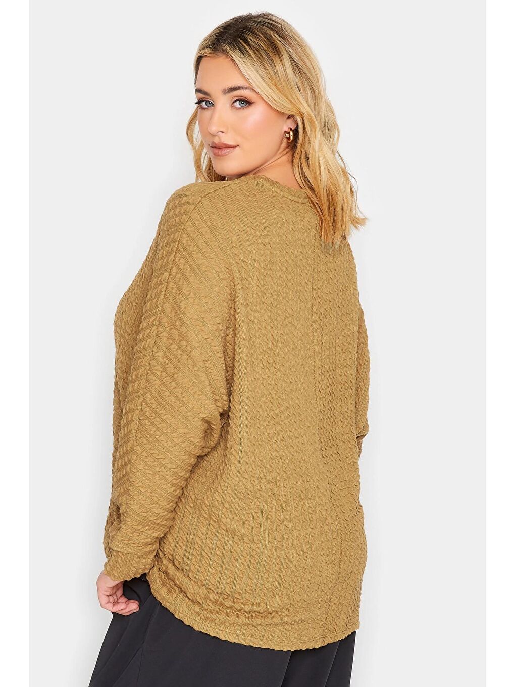 Bej Büyük Beden Bisiklet Yaka Uzun Yarasa Kol İnce Bluz 301719-4