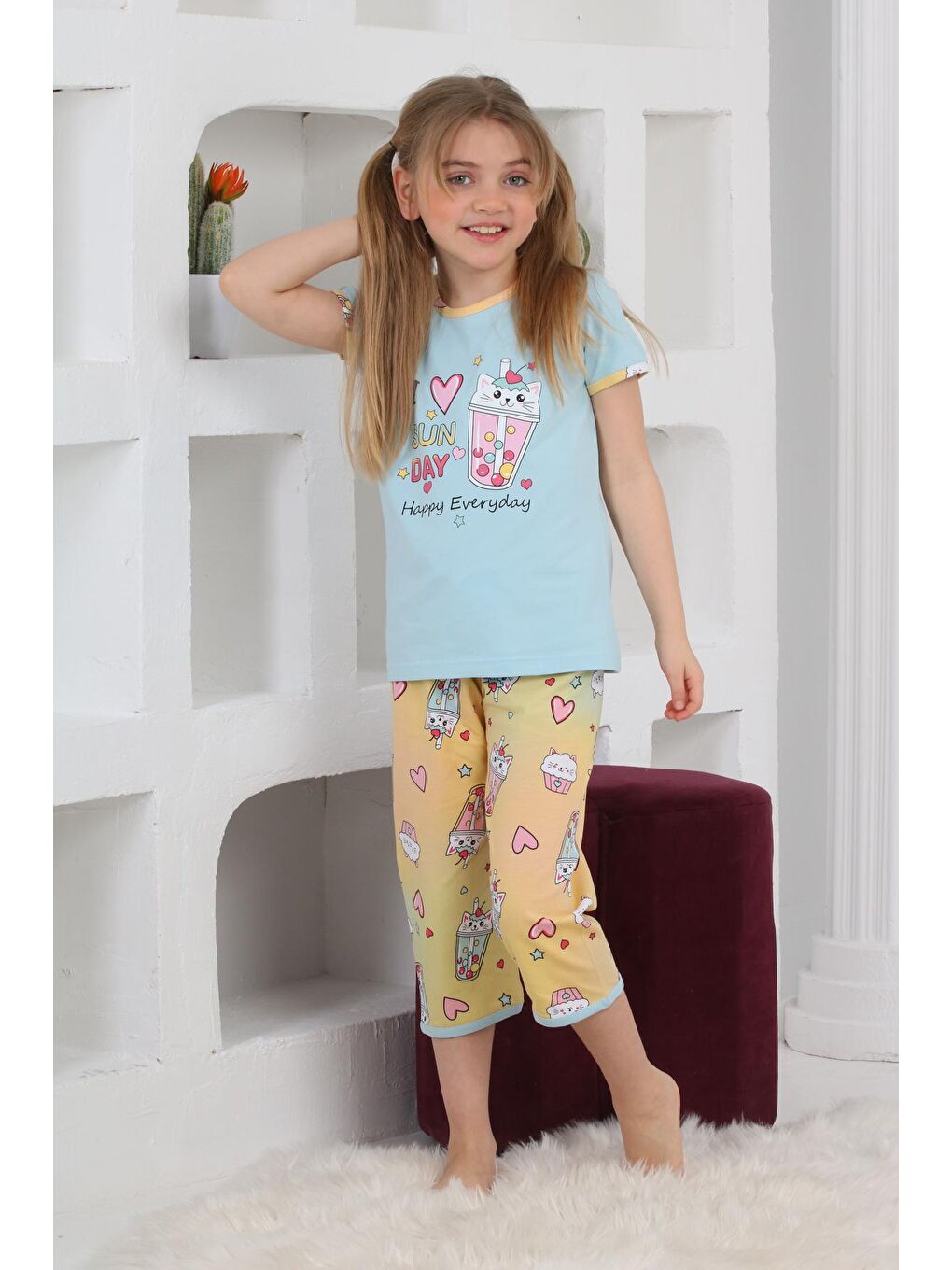 Kapi Kids Mavi Kız Çocuk Kaprili-Baskılı Pijama Takımı 3-11 Yaş 6083-84