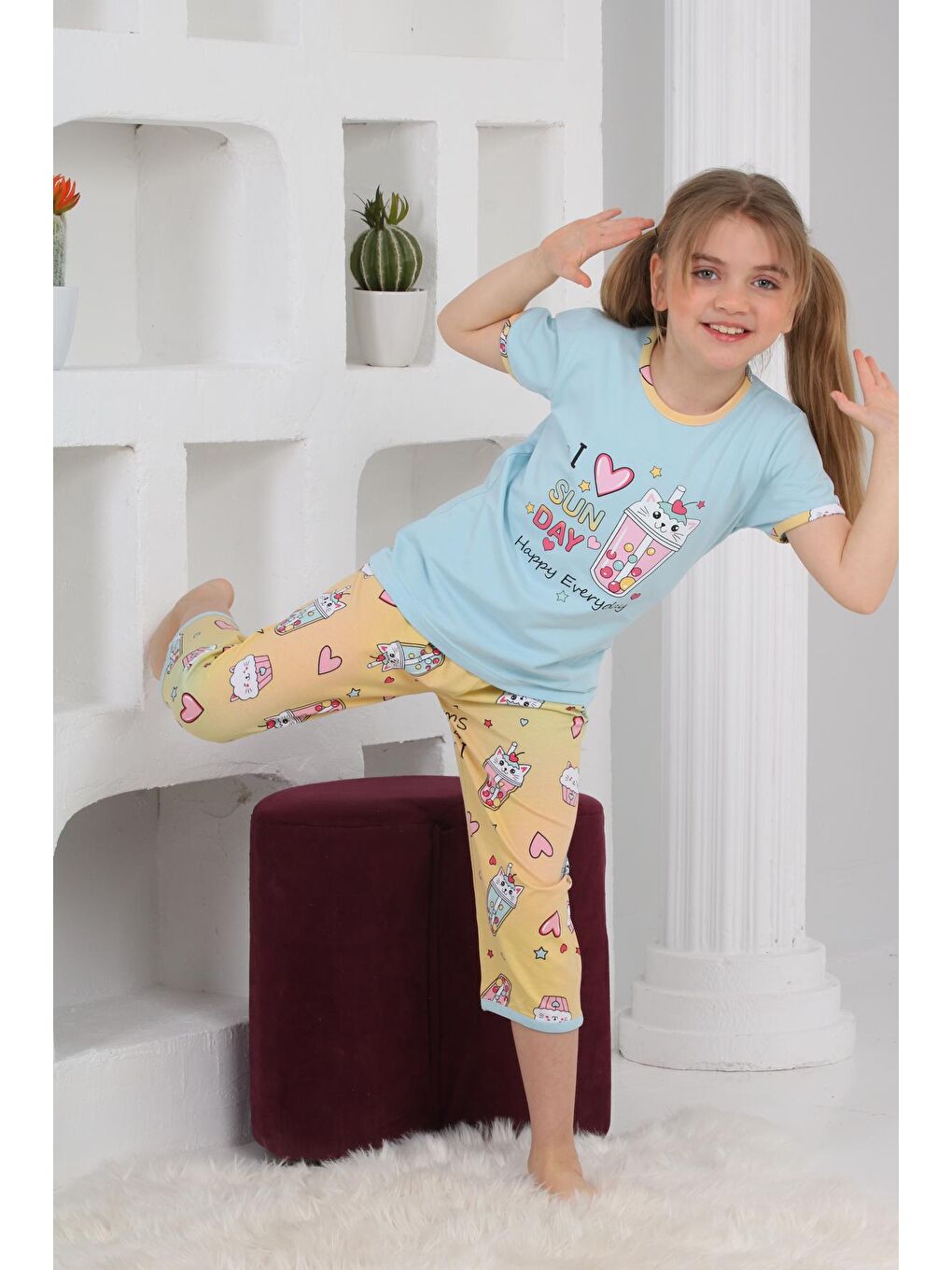 Kapi Kids Mavi Kız Çocuk Kaprili-Baskılı Pijama Takımı 3-11 Yaş 6083-84 - 1