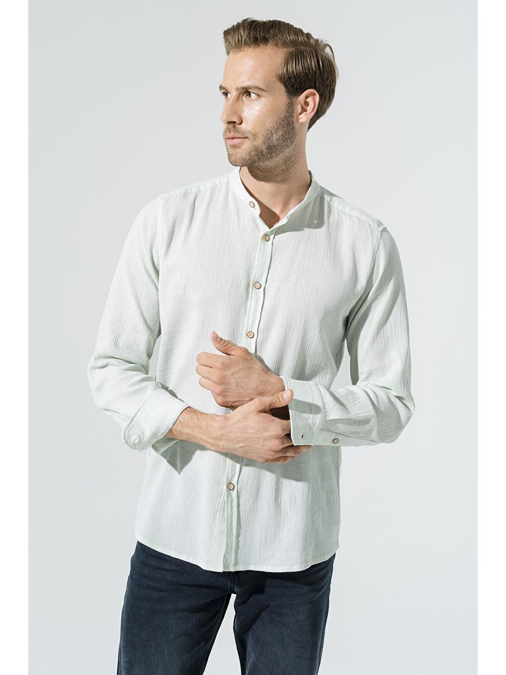 Turkuaz Organik Hakim Yaka Uzun Kol Mint Yeşil Gömlek-1