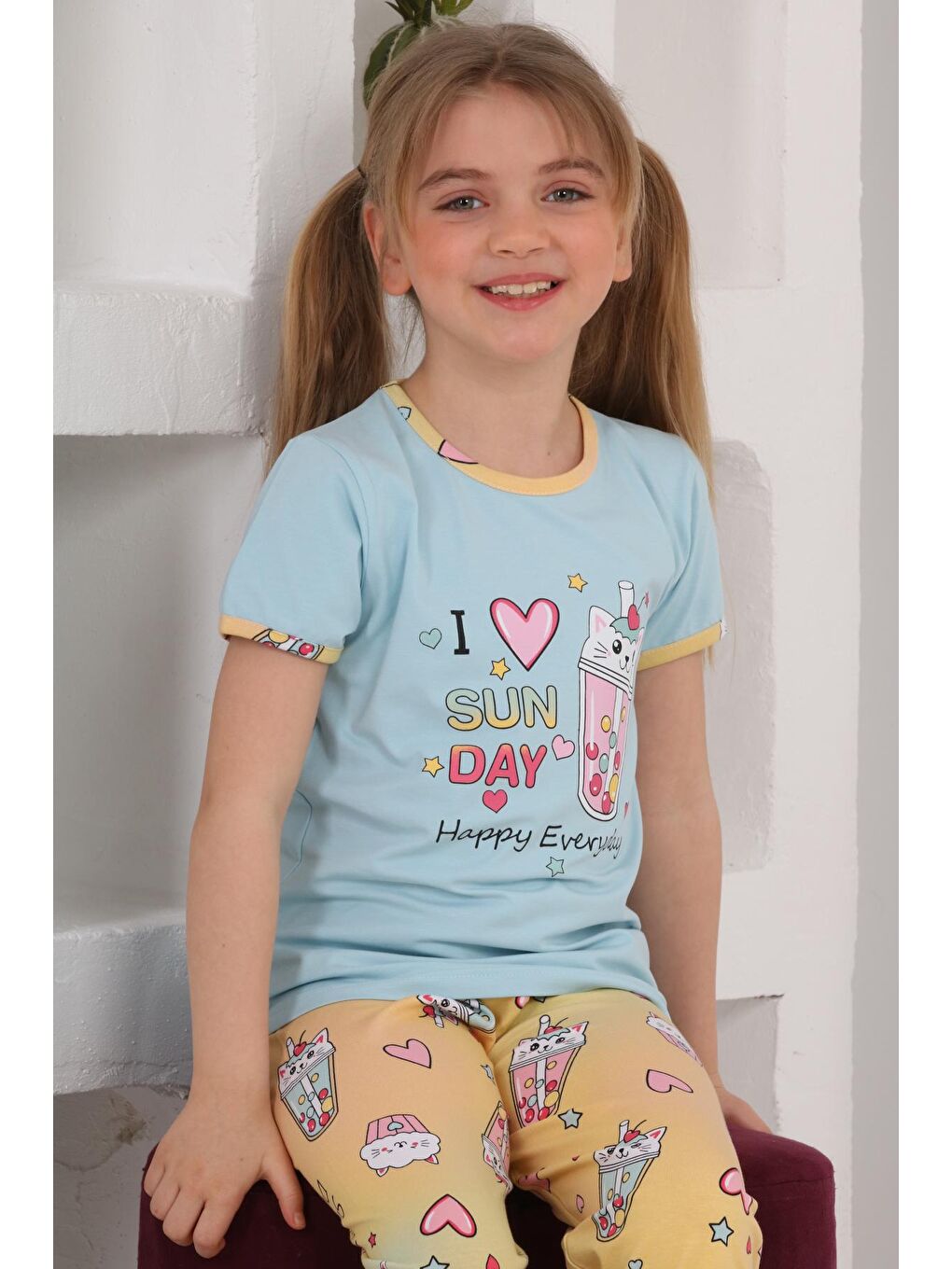 Kapi Kids Mavi Kız Çocuk Kaprili-Baskılı Pijama Takımı 3-11 Yaş 6083-84 - 2