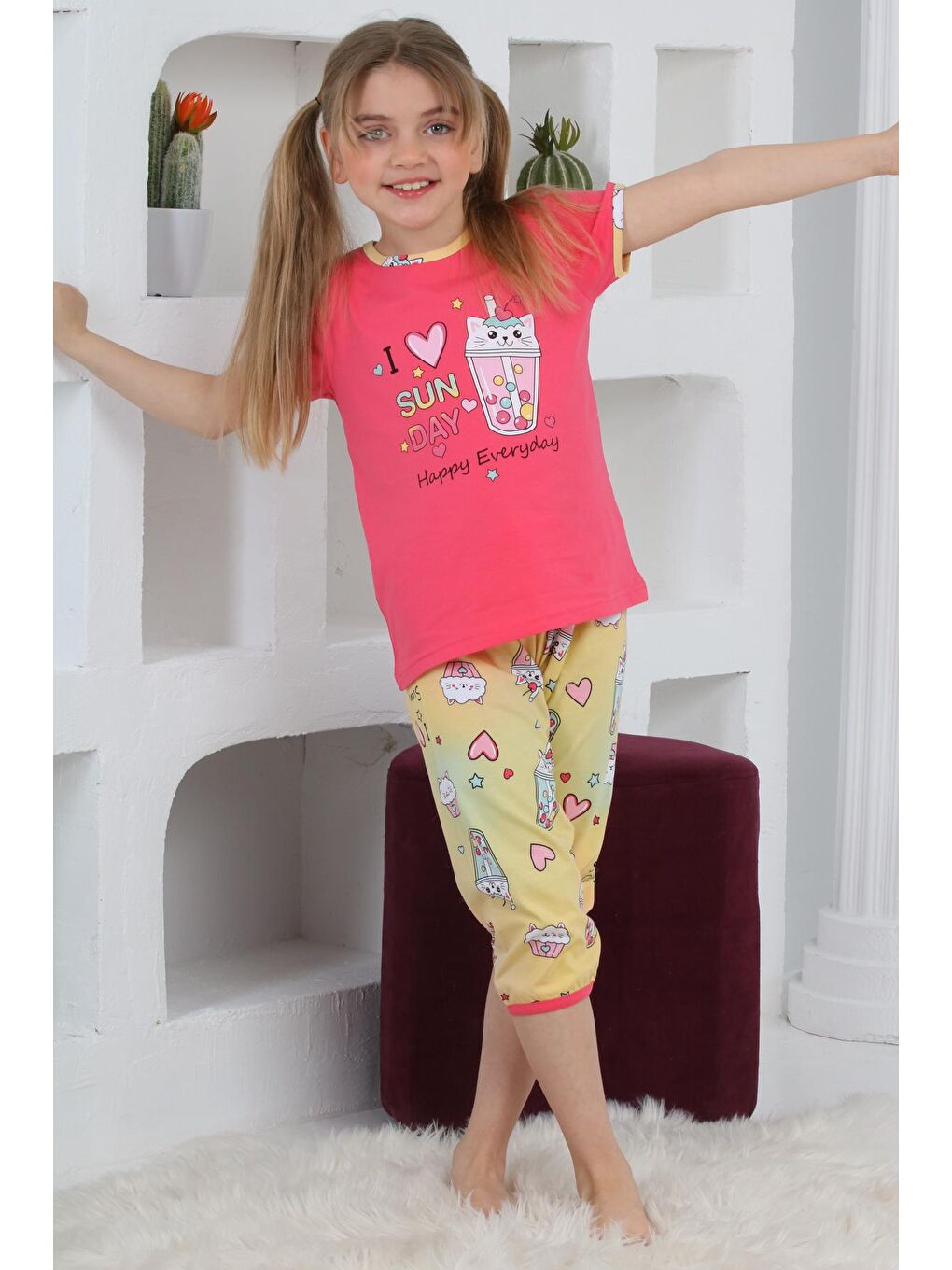 Kapi Kids Fuşya Kız Çocuk Kaprili-Baskılı Pijama Takımı 3-11 Yaş 6083-84