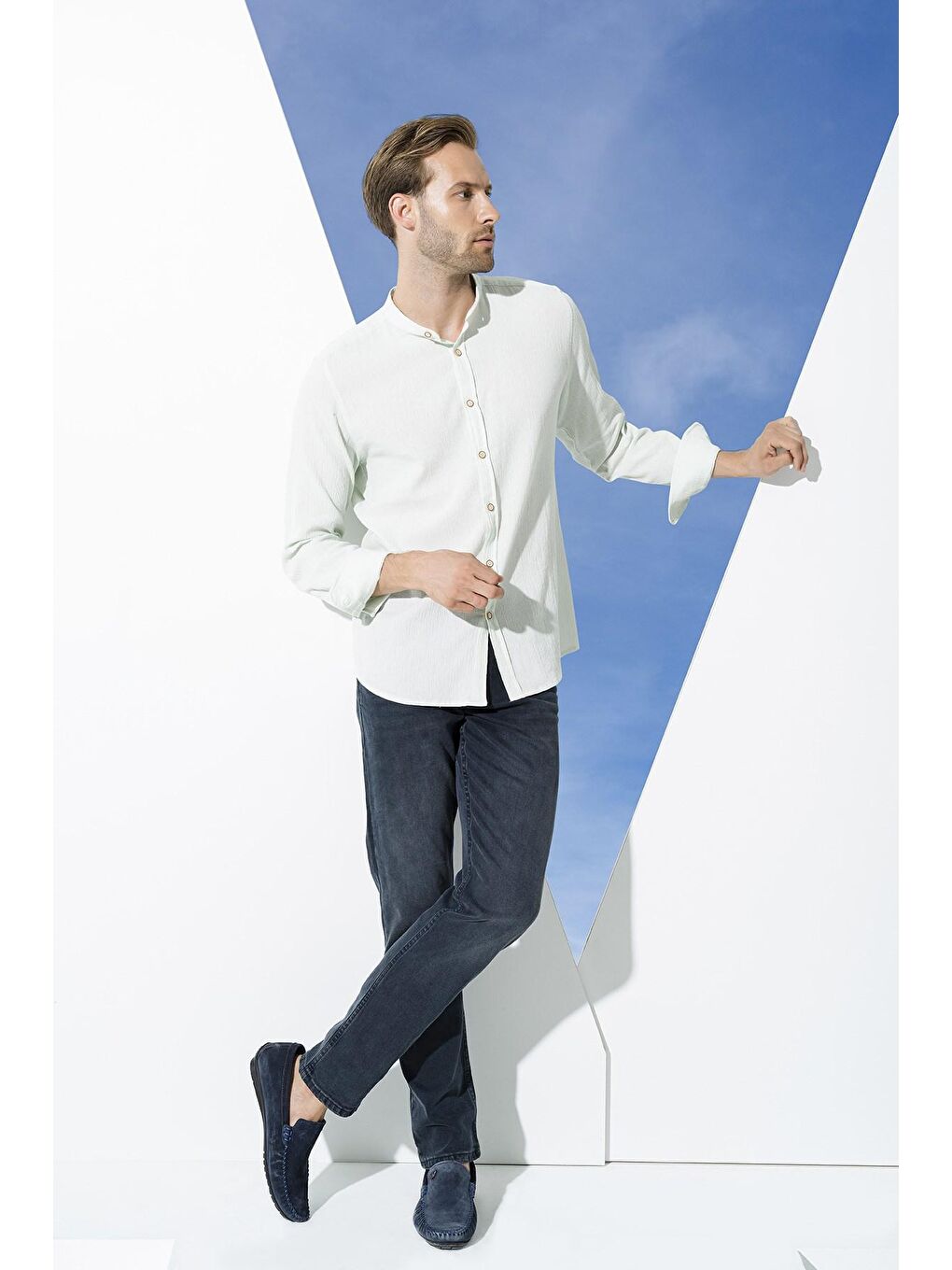 Turkuaz Organik Hakim Yaka Uzun Kol Mint Yeşil Gömlek-2