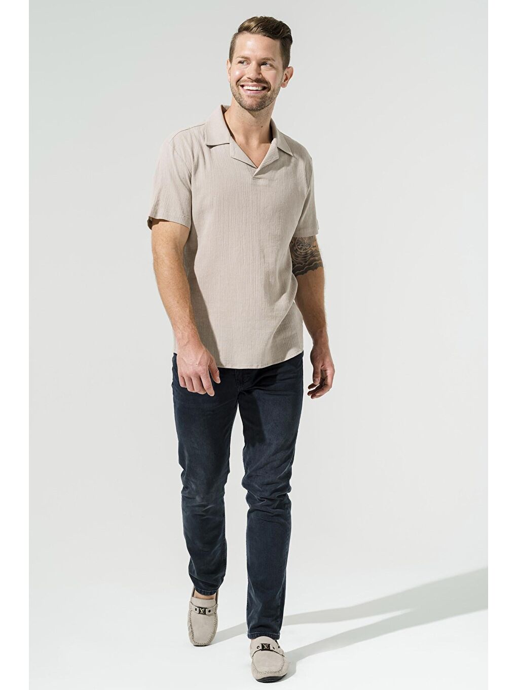 Bej Organik Mini Pat Taş %100 Pamuk Gömlek-1